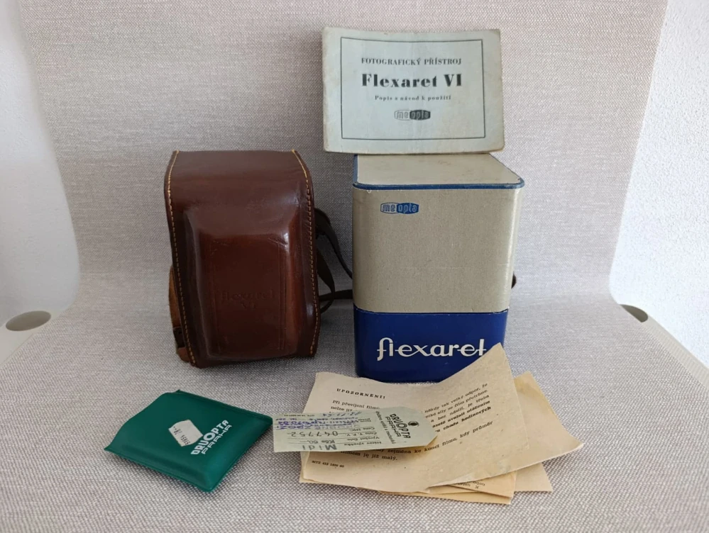 Historický fotoaparát Meopta Flexaret VI Automat, Belar 3,5/80 – krabice, pouzdro, návod a příslušenství