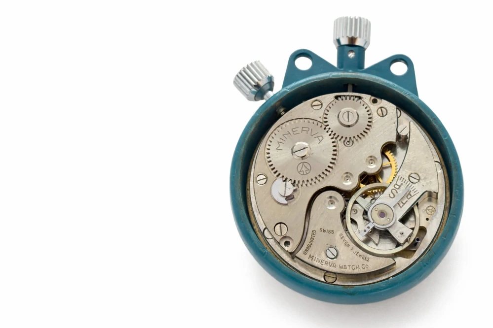 Švýcarské kapesní stopky Minerva – funkční, 51 mm, vintage, zelenomodré pouzdro