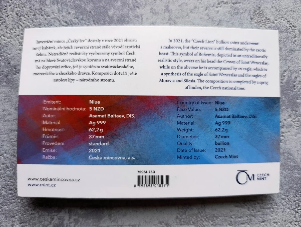 Stříbrná mince Český lev 2021 2 oz Ag 999 | Česká mincovna | limit 1000 ks UNC