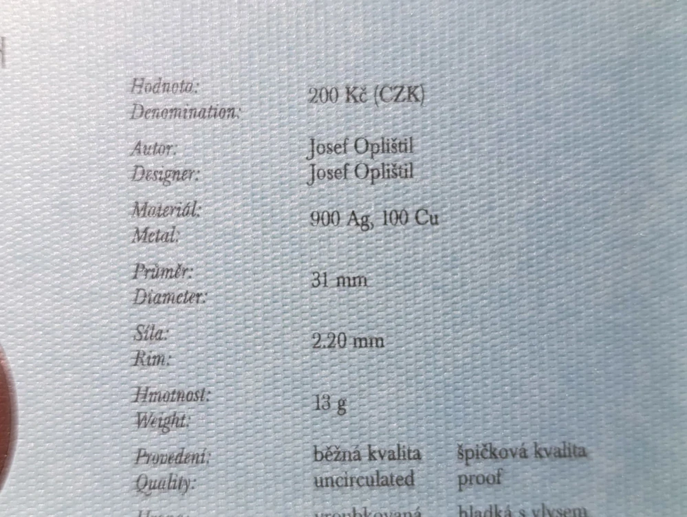 Stříbrná pamětní mince 200 Kč 2006 -J.Ježek BK