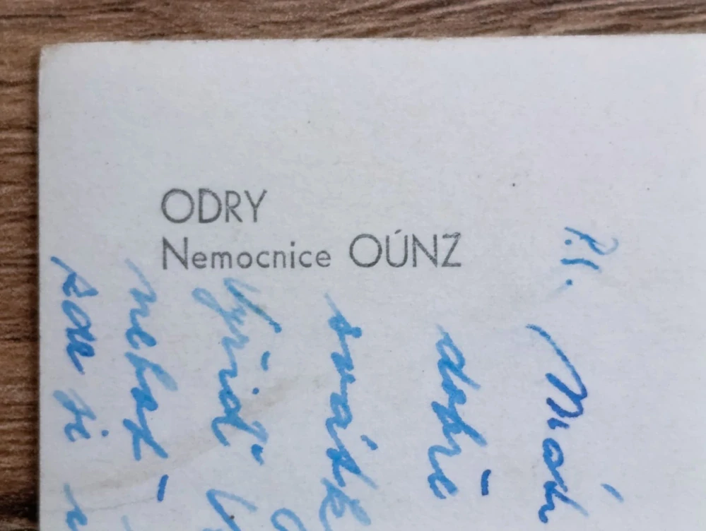 ODRY – nemocnice OÚNZ, stará pohlednice, prošlá poštou, známka ČSSR