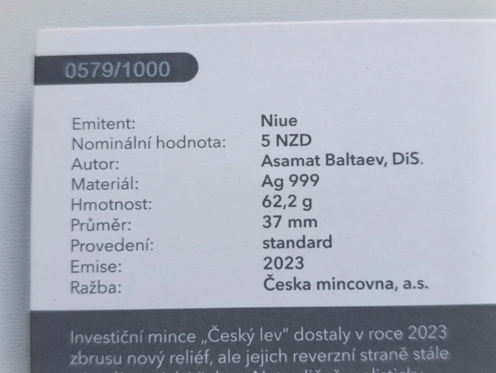 Stříbrná dvouuncová investiční mince Český lev 2023 číslovaná