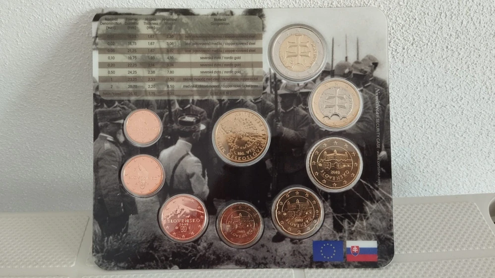 Sada oběžných mincí České republiky a slovenských euromincí roku 2018 ke vzniku ČSR.