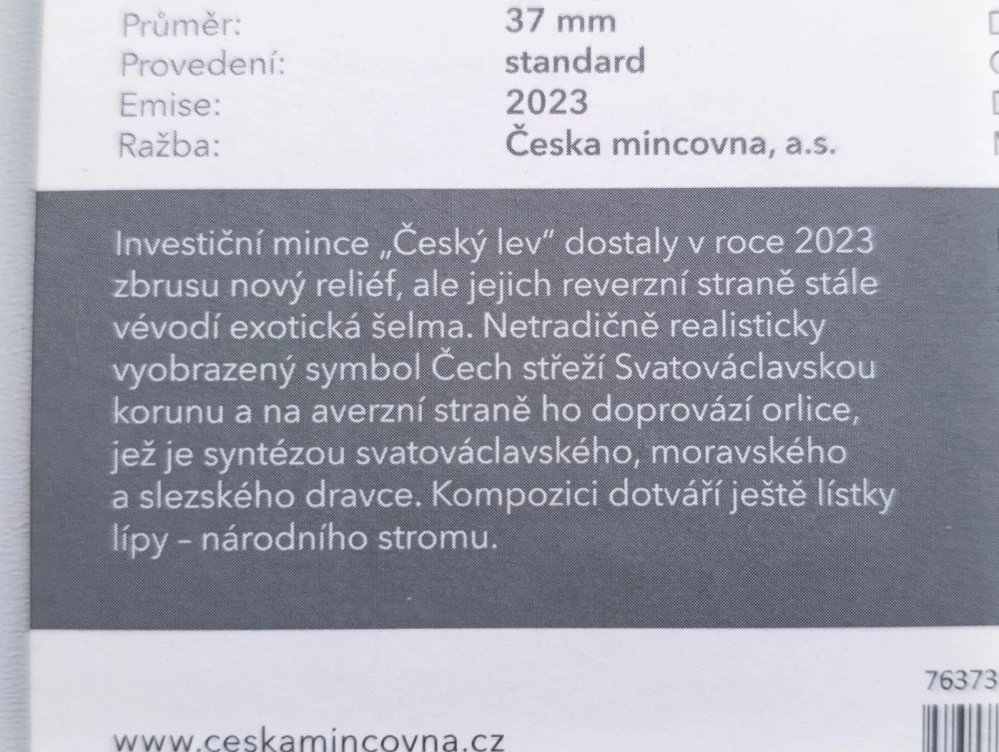 Stříbrná dvouuncová investiční mince Český lev 2023 číslovaná