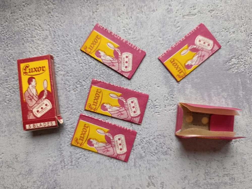 Staré žiletky Luxor – retro balení, Made in Czechoslovakia, sběratelský set (100 ks / balíčky)