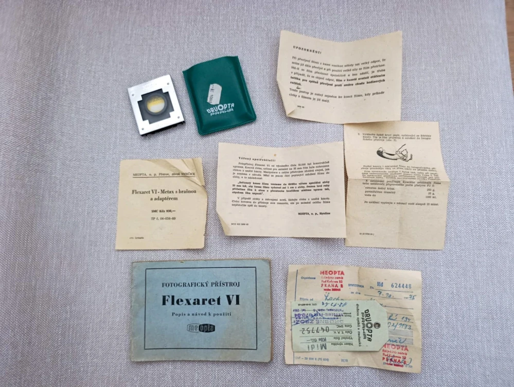 Historický fotoaparát Meopta Flexaret VI Automat, Belar 3,5/80 – krabice, pouzdro, návod a příslušenství