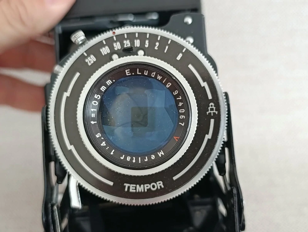 Historický měchový fotoaparát Belfoca Meritar 4,5/105 TEMPOR  č.74