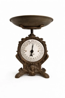 Výjimečné starožitné figuralní váhy – jednomiskové | 10 kg