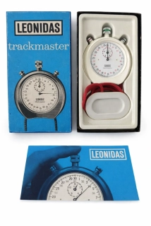 Vintage stopky Leonidas (Heuer) Trackmaster – Švýcarsko, originální krabička + návod, funkční
